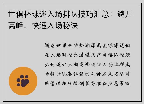 世俱杯球迷入场排队技巧汇总：避开高峰、快速入场秘诀